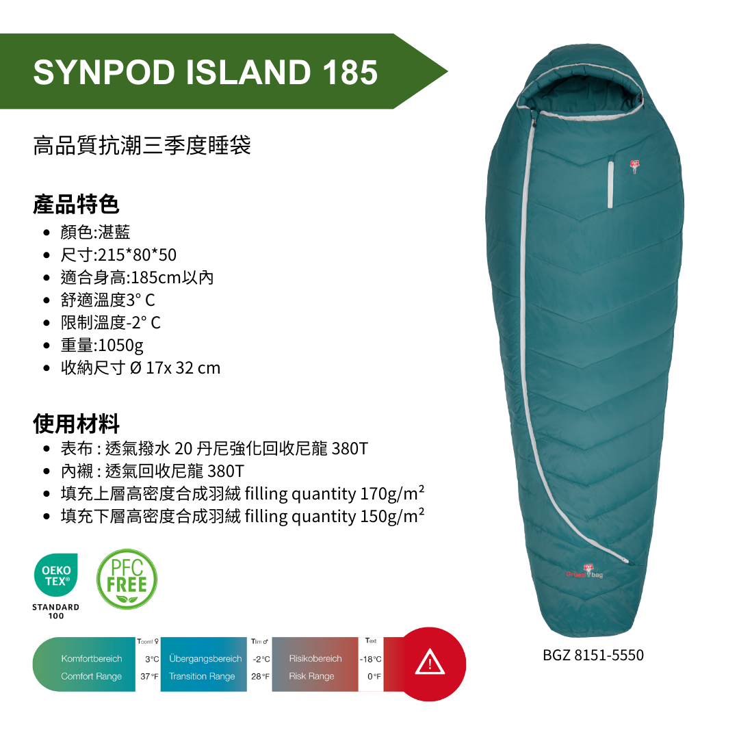 【 GRÜEZI BAG 】SYNPOD ISLAND 185 高品質抗潮三季度睡袋