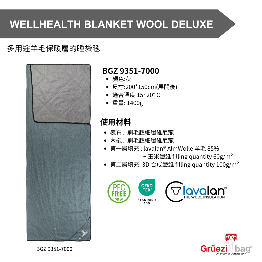 【 GRÜEZI BAG 】WELLHEALTHBLANKET WOOL+DELUXE 羊毛保暖睡袋毯