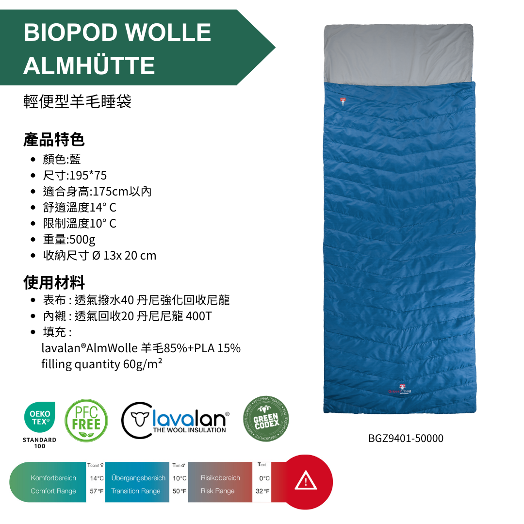 【 GRÜEZI BAG 】BIOPOD WOLLE ALMHÜTTE 輕便型羊毛睡袋